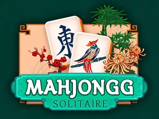 Imagem promocional do jogo 'Mahjongg Solitaire', com o logo do jogo em destaque e peças de mahjongg decoradas com imagens de flores e aves. O fundo apresenta um ambiente tranquilo com elementos tradicionais asiáticos, oferecendo um cenário relaxante para 